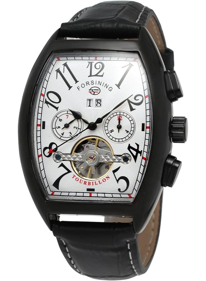 FORSINING Men's Automatic Self-Winding Rectangle Watch Calendar Genuine Leather Strap Tourbillon Watch - Image 1